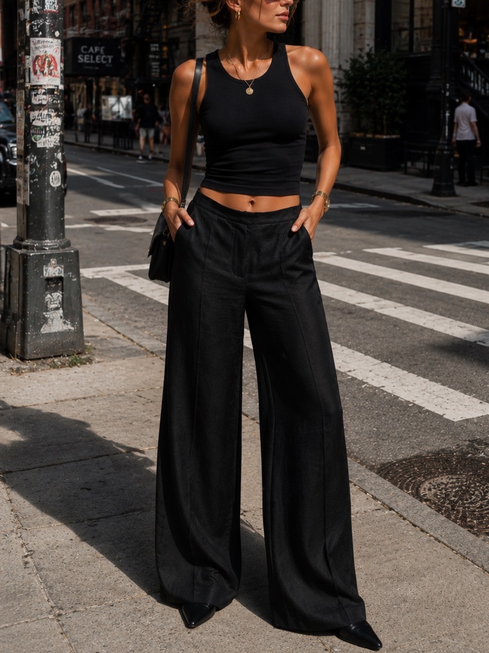 COS Black Satin Wide Leg Trouser Style Pants Size: L